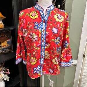 Elizabeth James Red Boho Floral Embroidered Button Down Blouse Size Medium